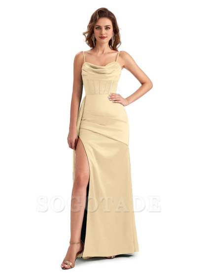 Sexy Side Slit Mermaid Silky Satin Spaghetti Straps Unique Wedding Guest Dresses