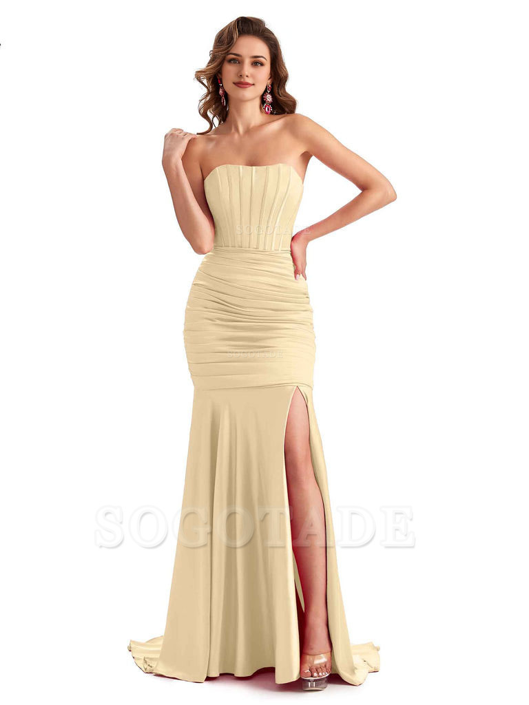 Sexy Strapless Side Slit Mermaid Silky Satin Formal Bridesmaid Dresses
