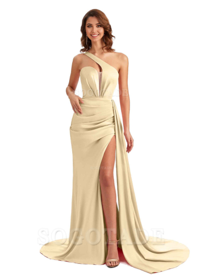 Mermaid One Shoulder Satin formal dresses evening gown Bridesmaid Dresses With Side Slit