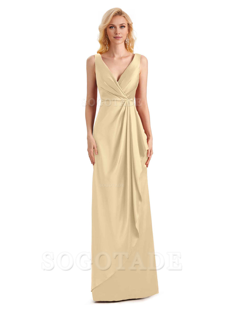 V Neck Elegant Soft Satin Formal Long Maid Bridesmaid Dresses Formal Wear Dresses