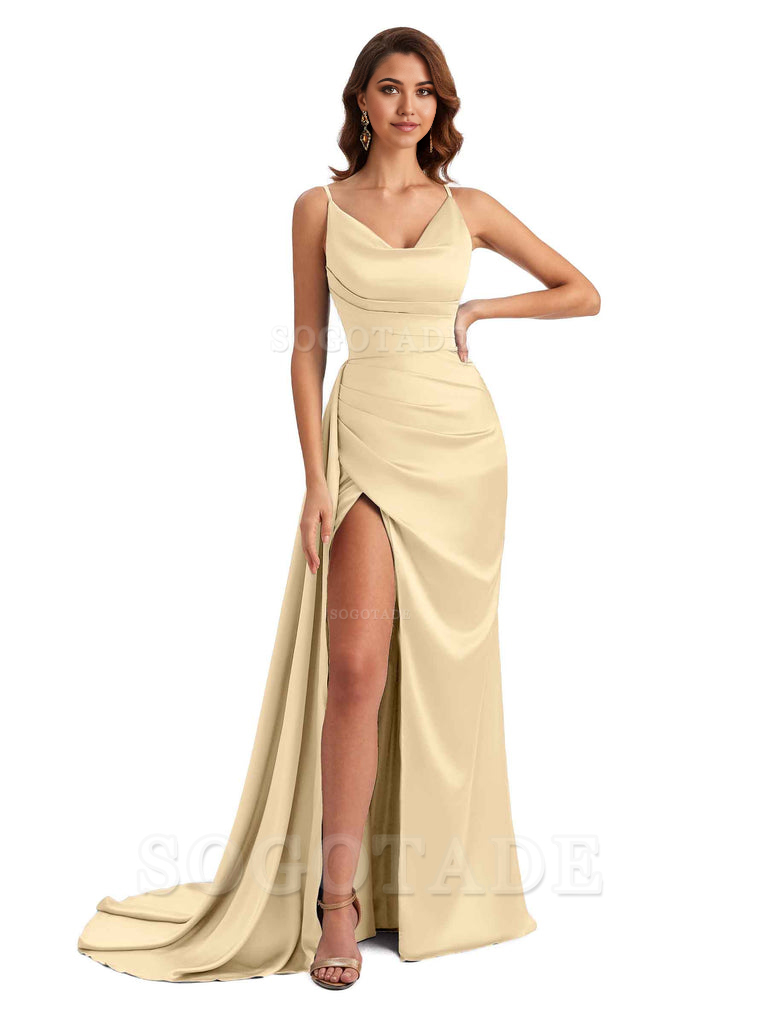 Mermaid Cowl Spaghetti Satin formal dresses evening gown Bridesmaid Dresses With Side Slit