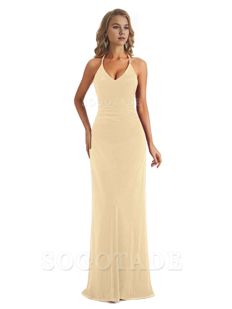 Elegant V-Neck Halter Backless Mermaid Velvet Long Wedding Party Dresses Bridesmaid Dresses Formal Women's Dresses Wedding Guests Dresses