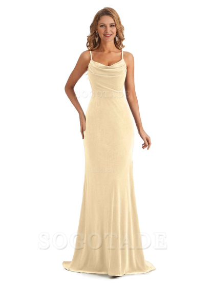 Elegant High Quality Mermaid Spaghetti Straps Cowl Velvet Side Slit Long Exquisite Bridesmaid Dresses Formal Women's Dresses Wedding Guests Dresses