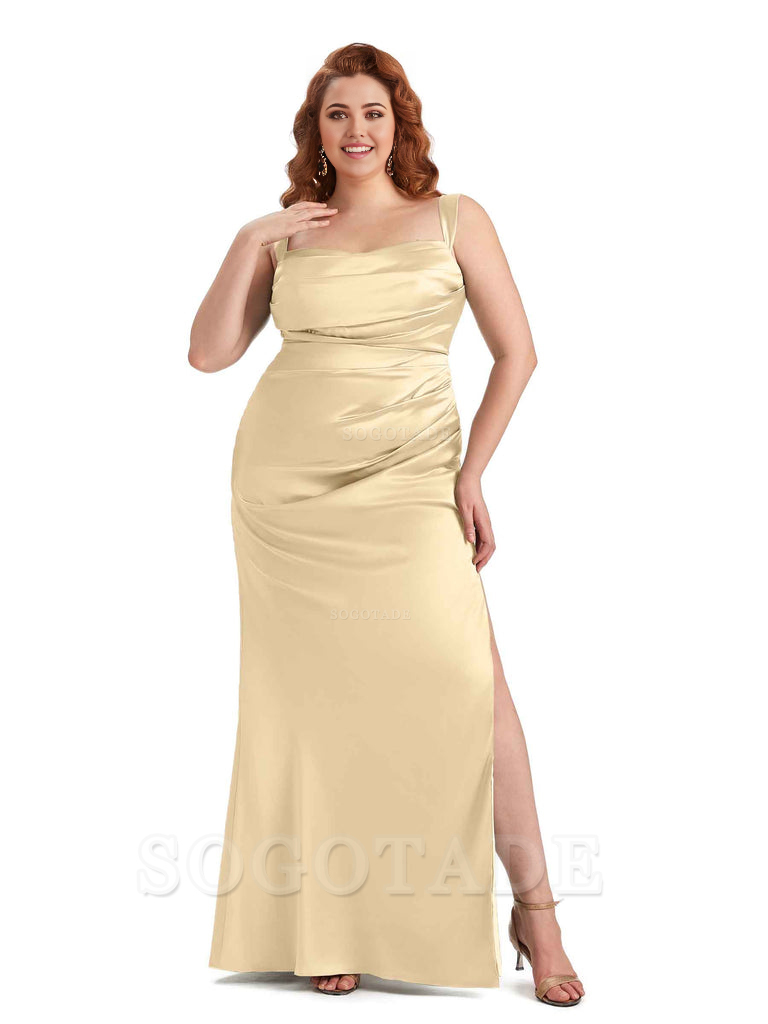 Sexy Side Slit Mermaid Wide Straps Soft Satin Long Plus Size Maid of Bridesmaid Dresses