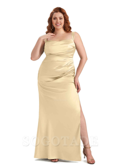 Sexy Side Slit Mermaid Wide Straps Soft Satin Long Plus Size Maid of Bridesmaid Dresses