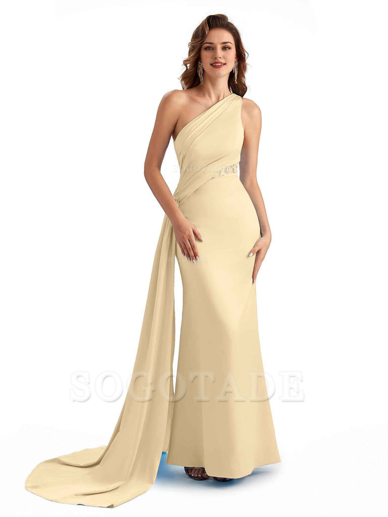 Sexy Mermaid Silky Satin One Shoulder Lace See Through Long Bridesmaid Dresses Online