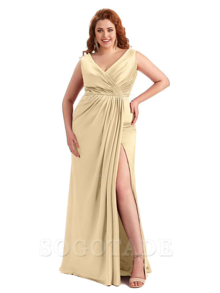 Mermaid V-Neck Satin formal dresses evening gown Bridesmaid Dresses With Side Slit 