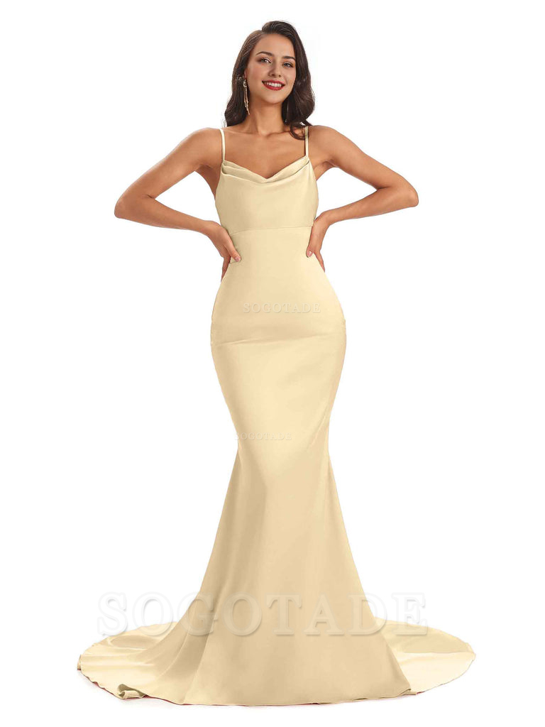 Sexy Backles Soft Satin Spaghetti Straps Maxi Mermaid Bridesmaid Dresses Online prom shop dresses