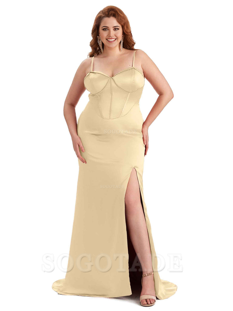 Sexy Spaghetti Straps Side Slit Sleeveless Mermaid Soft Satin Long Bridesmaid Dress Plus Size Dress To Wear to a Wedding