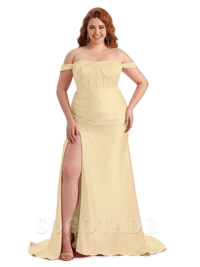 Elegant Off The Shoulder Side Slit Mermaid Soft Satin Floor Length Long Plus Size Bridesmaid Gowns