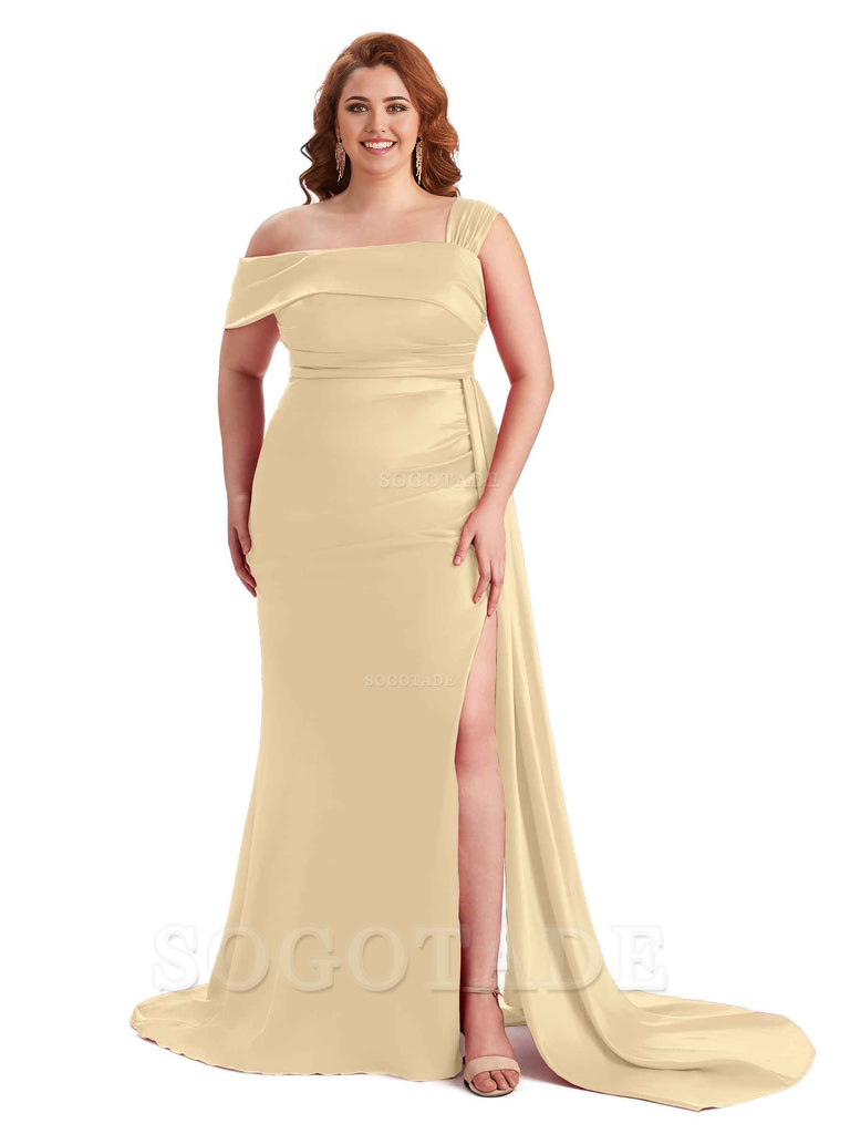 Sexy Side Hight Slit One Shoulder Mermaid Soft Satin Long Plus Size With Train Matron of Honor Dresses