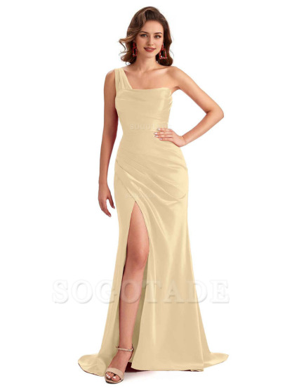 Sexy One Shoulder Side Slit Silky Satin Chic Long Mermaid Trumpet Bridesmaid Dress