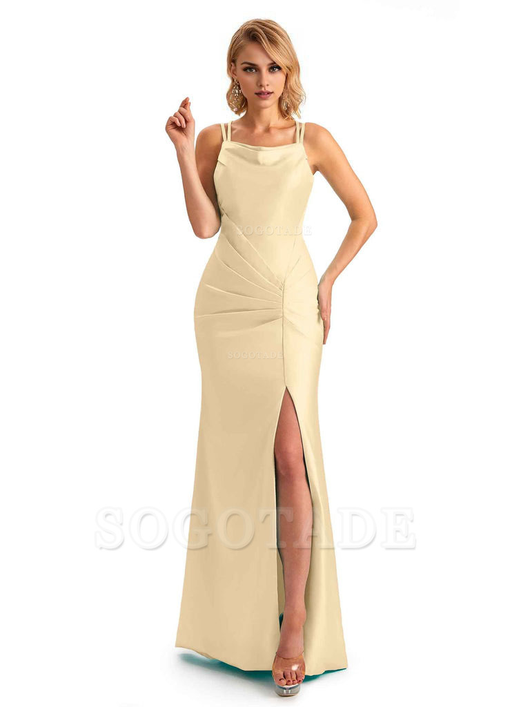 Soft Satin Spaghetti Straps Side Slit Long Unique Mermaid Beautiful Dresses For Wedding