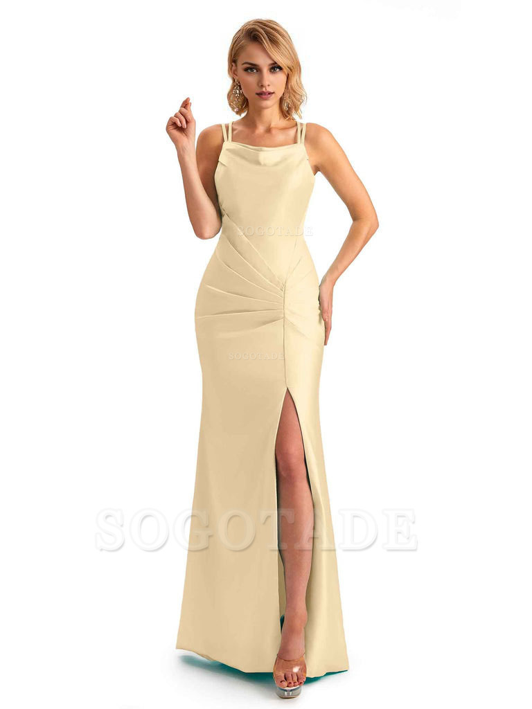 Soft Satin Spaghetti Straps Side Slit Long Unique Mermaid Beautiful Dresses For Wedding