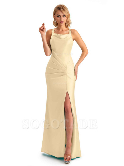 Soft Satin Spaghetti Straps Side Slit Long Unique Mermaid Beautiful Dresses For Wedding