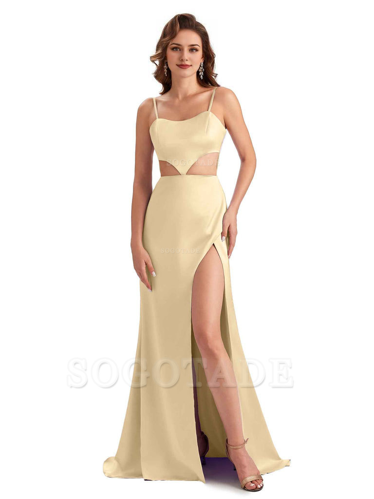 Sexy Satin Side Slit Spaghetti Straps Mermaid Long Unique Curve Wedding Guest Dresses
