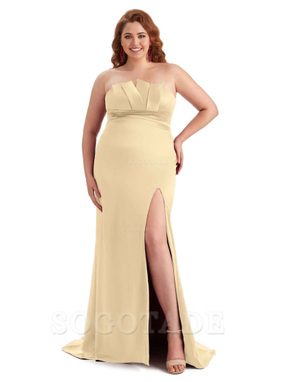 Sexy Side Slit Sleeveless Mermaid Soft Satin Long Plus Size Wedding Party Dresses For Wedding