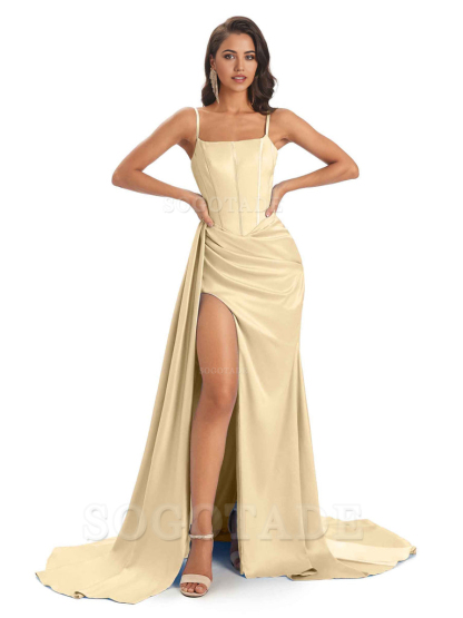 Spaghetti Straps Floor-Length Satin formal dresses evening gown Bridesmaid Dresses With Side Slit 