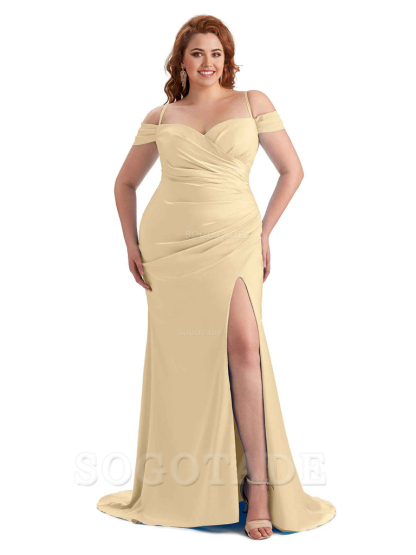 Sexy Side Slit Sleeveless Cold Shoulder Mermaid Soft Satin Long Plus Size Maid of Honor Dresses