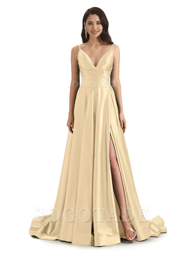 Spaghetti Straps Satin formal dresses evening gown Bridesmaid Dresses With Side Slit 