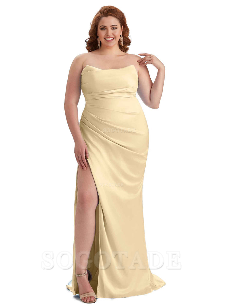 Sexy Side Slit Sleeveless Strapless Mermaid Soft Satin Long Plus Size Bridesmaid Dresses For Wedding