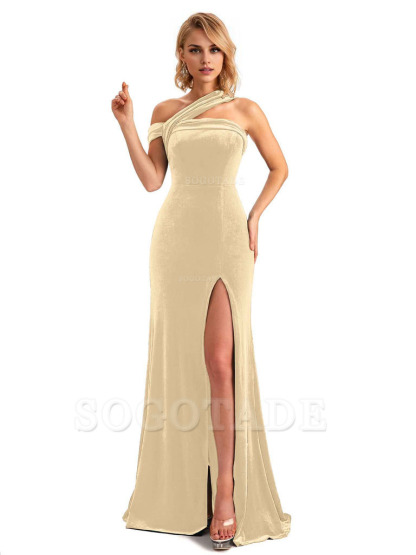 Sexy Mermaid Asymmetric Velvet Side Slit Long Bridesmaid Dresses