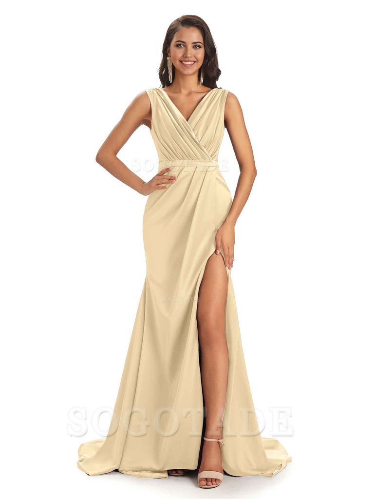 A-line V-neck Floor-Length Satin formal dresses evening gown Bridesmaid Dresses With Side Slit 
