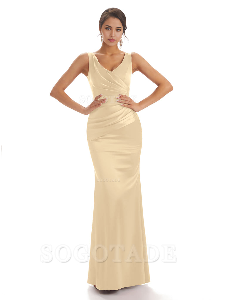 Sheath Sleeveless V-neck Floor-Length Satin formal dresses evening gown Bridesmaid Dresses With Pleats 