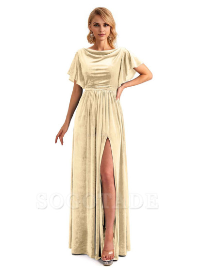 Elegant A-Line Jewel Bat Sleeves Velvet Side Slit Long Bridesmaid Dresses