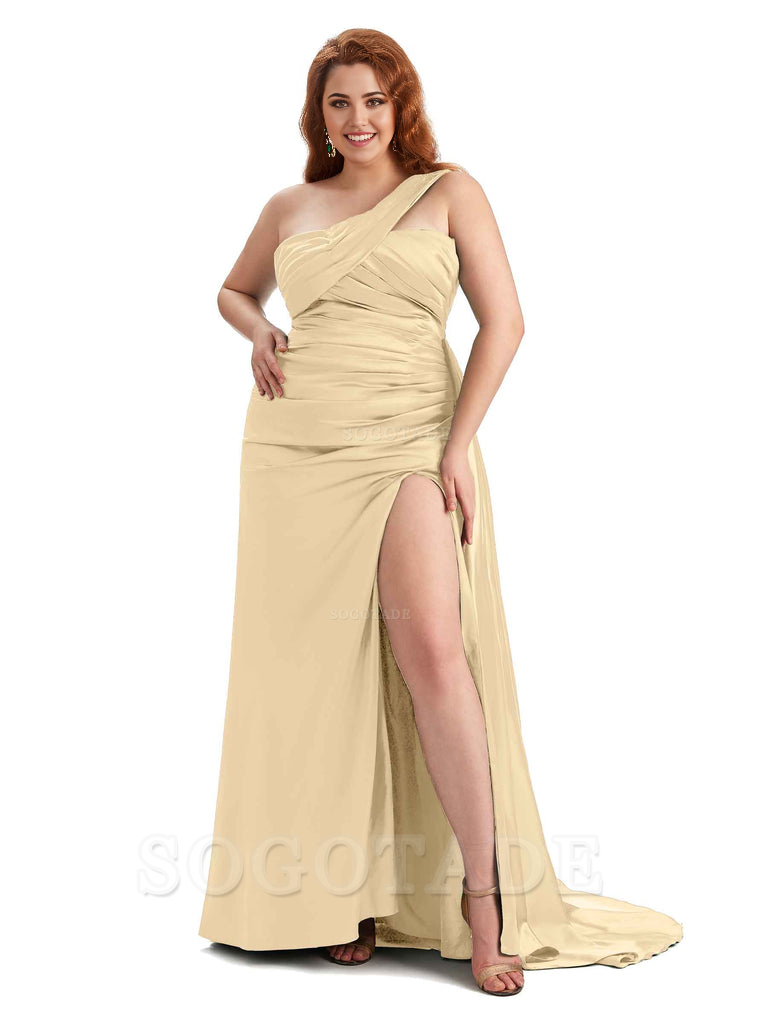  One Shoulder Sleeveless Sexy Side Hight Slit Mermaid Soft Satin Long Plus Size Bridesmaid Gowns