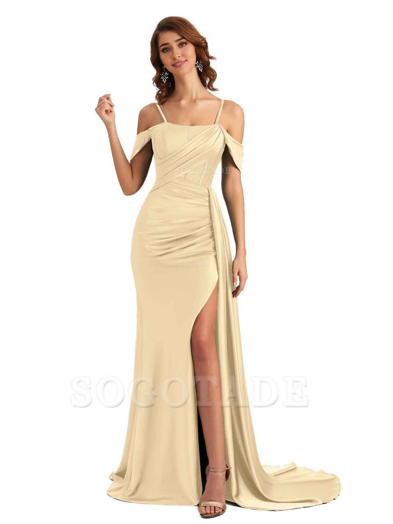 Sexy Side Slit Cold Shoulder Mermaid Satin Chic Long Wedding Guest Dresses