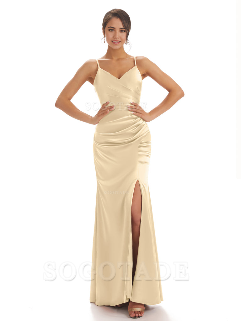 Spaghetti Straps Pleats Satin formal dresses evening gown Bridesmaid Dresses With Side Slit 