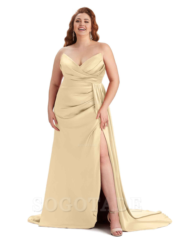 Sexy V-neck Side Slit Sleeveless Mermaid Soft Satin Long Plus Size Bridesmaid Gowns