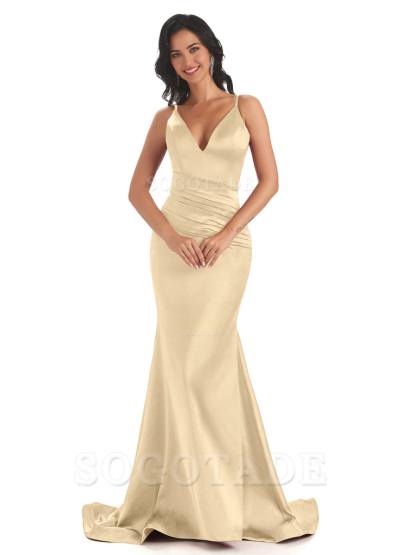 Mermaid Spaghetti V-Neck Straps Satin Long formal dresses evening gown Bridesmaid Dresses With Side Slit 