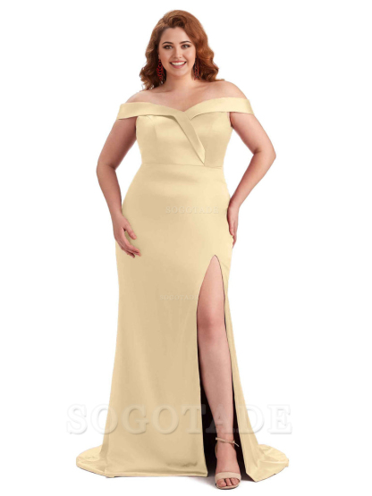 Elegant Off The Shoulder Sleeveless Side Slit Mermaid Soft Satin Long Plus Size Bridesmaid Gowns