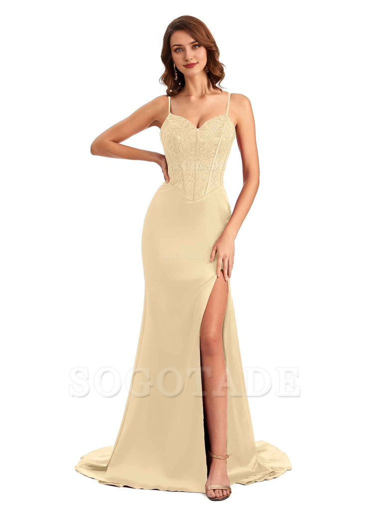 Sexy Side Slit Mermaid Silky Satin V-Neck Lace Unique Long Bridesmaid Dresses