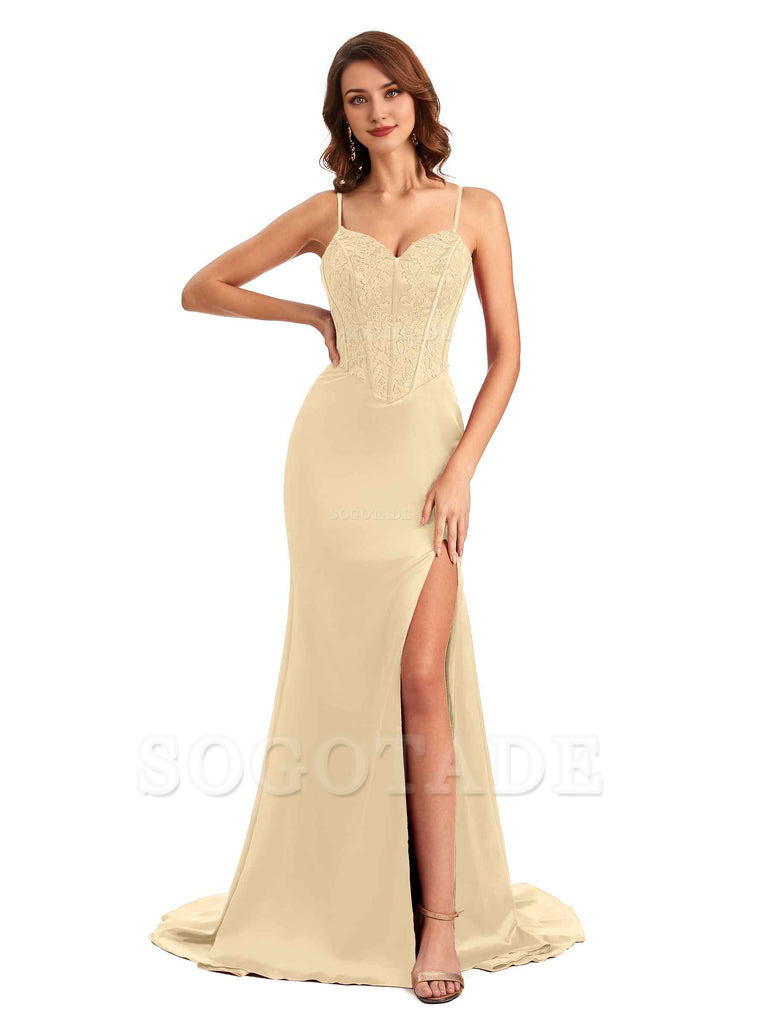Sexy Side Slit Mermaid Silky Satin V-Neck Lace Unique Long Bridesmaid Dresses
