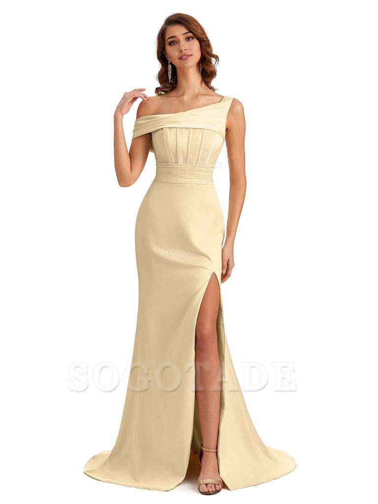 Elegant Asymmetrical Neck Soft Satin Side Slit Long Mermaid Bridesmaid Dresses