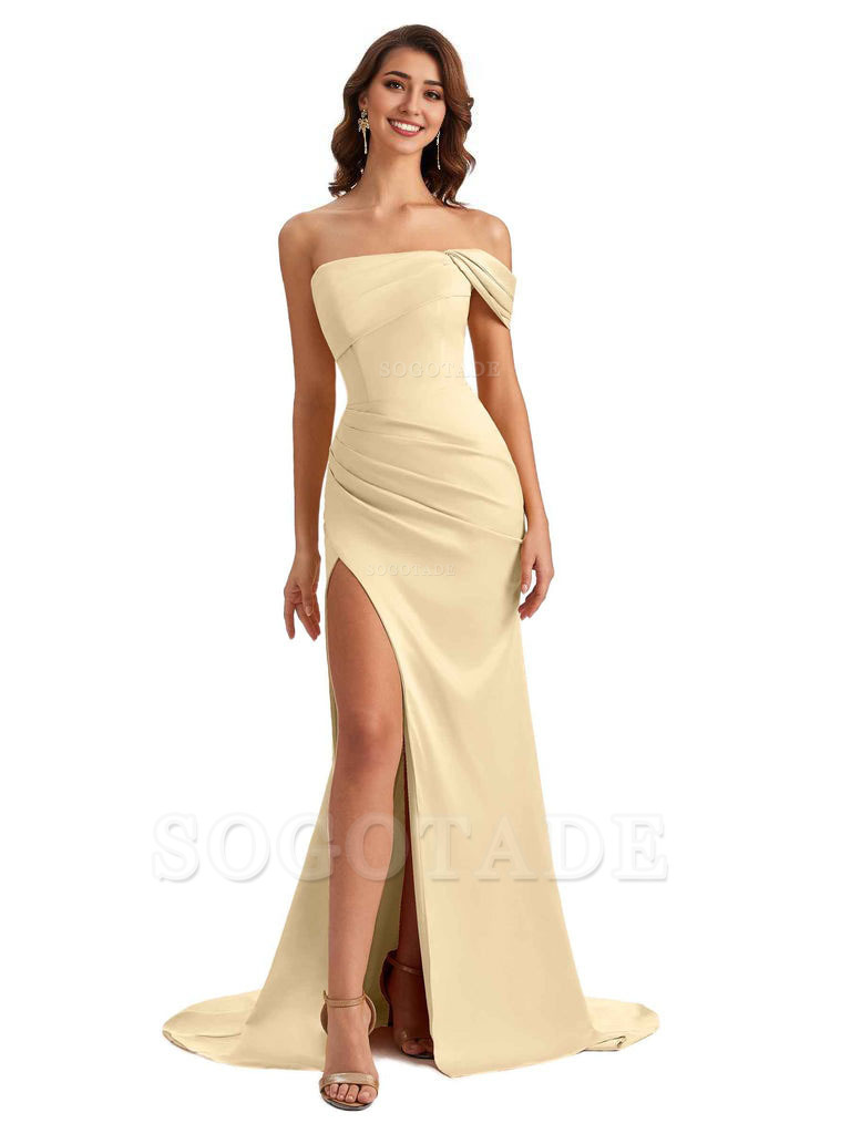 Unique One Shoulder Side Slit Satin Long Formal Dresses For Bridesmaid Dresses