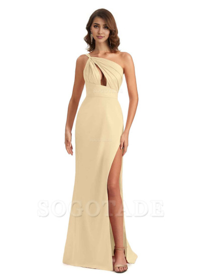 Sexy One Shoulder Silky Satin Unique Long Ladies Bridesmaid Dress For Wedding