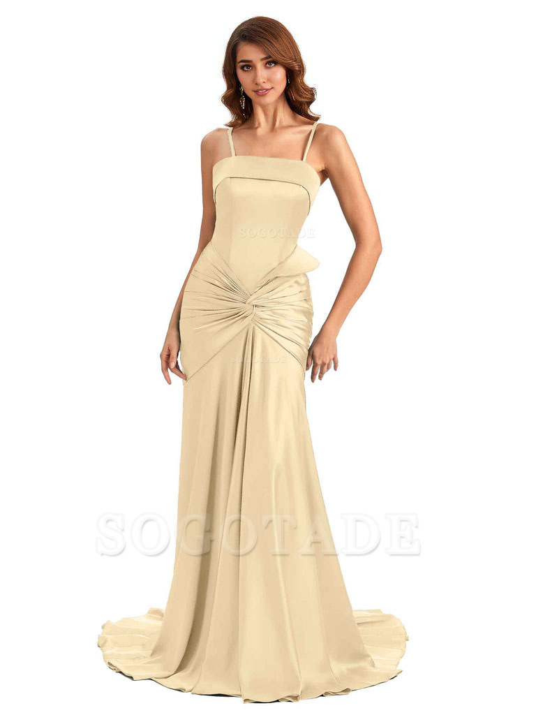 Sexy Mermaid Spaghetti Straps Silky Satin Unique Long Bridesmaid Dress For Wedding