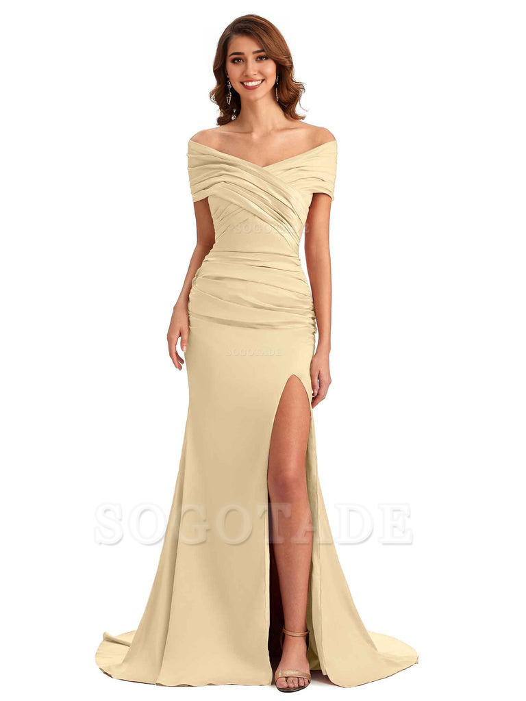 Sexy Off The Shoulder Side Slit Mermaid Satin Unique Long Formal Wedding Guest Dresses