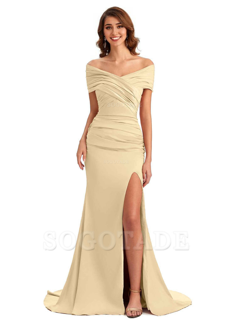 Sexy Off The Shoulder Side Slit Mermaid Satin Unique Long Formal Wedding Guest Dresses