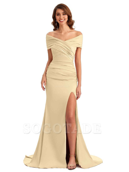 Sexy Off The Shoulder Side Slit Mermaid Satin Unique Long Formal Wedding Guest Dresses
