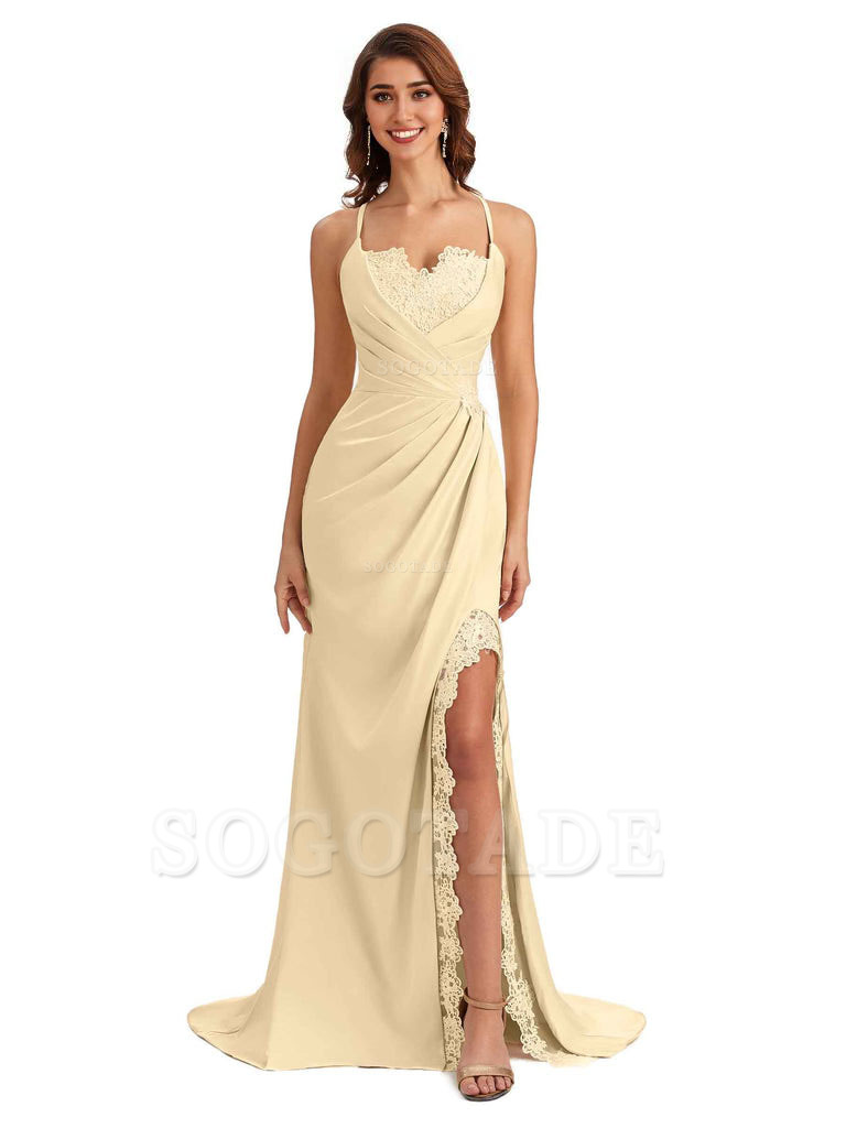 Sexy Side Slit Spaghetti Straps Lace Mermaid Silky Satin Wedding Guest Dresses