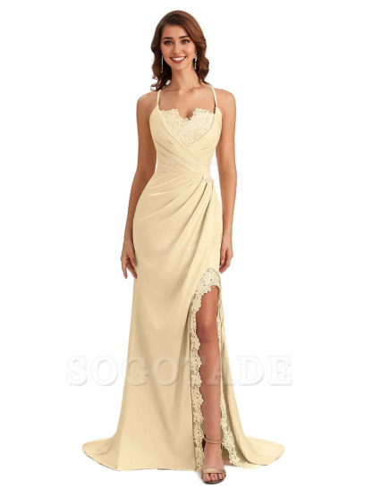 Sexy Side Slit Spaghetti Straps Lace Mermaid Silky Satin Wedding Guest Dresses