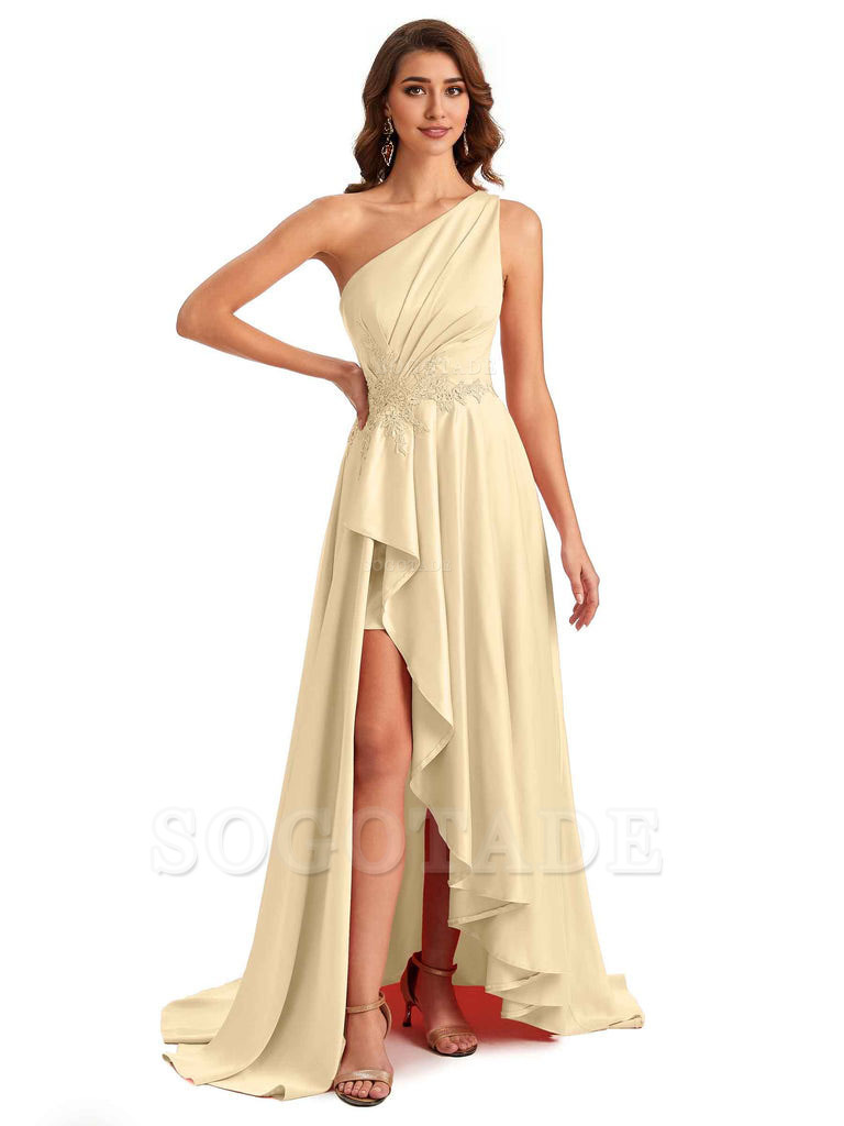 Sexy One Shoulder A-Line High Low Silky Satin Lace Long Formal Wedding Guest Dresses