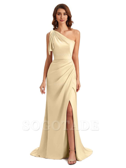 Sexy One Shoulder Mermaid Side Slit Unique Silky Satin Bridesmaid Dresses 
