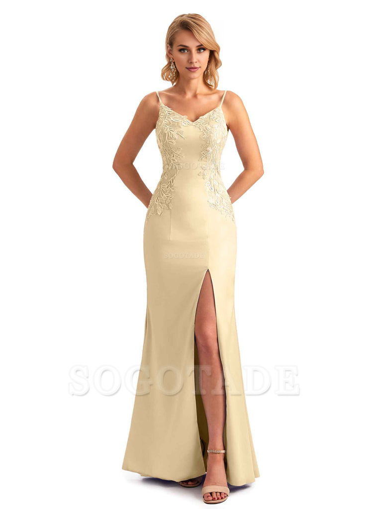Sexy Side Split Mermaid Spaghetti Straps Soft Satin Unique Lace Long Bridesmaid Dresses