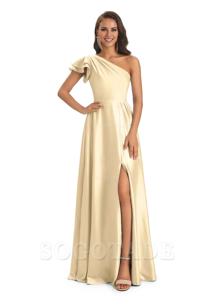 A-Line One Shoulder Ladies Long Bridesmaid Dresses Soft Satin Side Slit Elegant Evening Party Dress